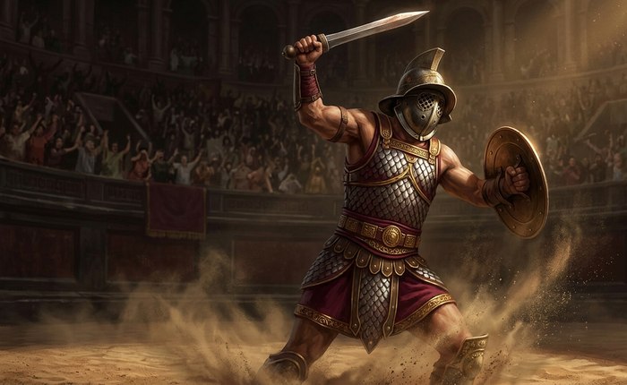 A gladiator mid-strike in the Colosseum arena