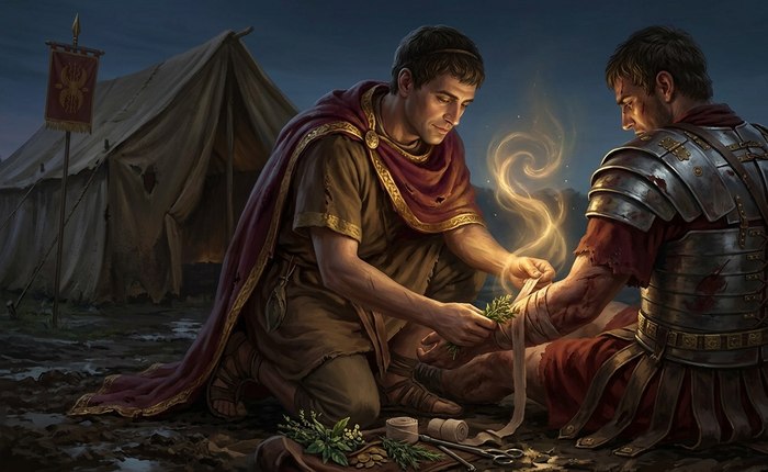 A medicus treating a wounded legionary in a field camp