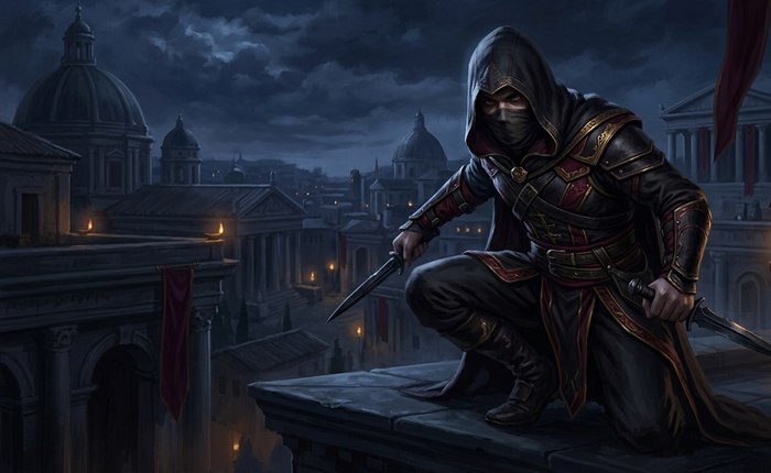 A hooded speculator crouched on a rooftop above nighttime Rome