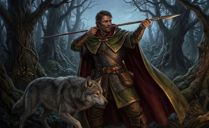 A venator hunter with a spear and wolf companion in a forest