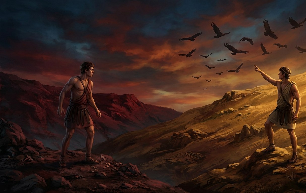 Romulus and Remus stand on separate hills at dawn, watching the sky for a sign from the gods