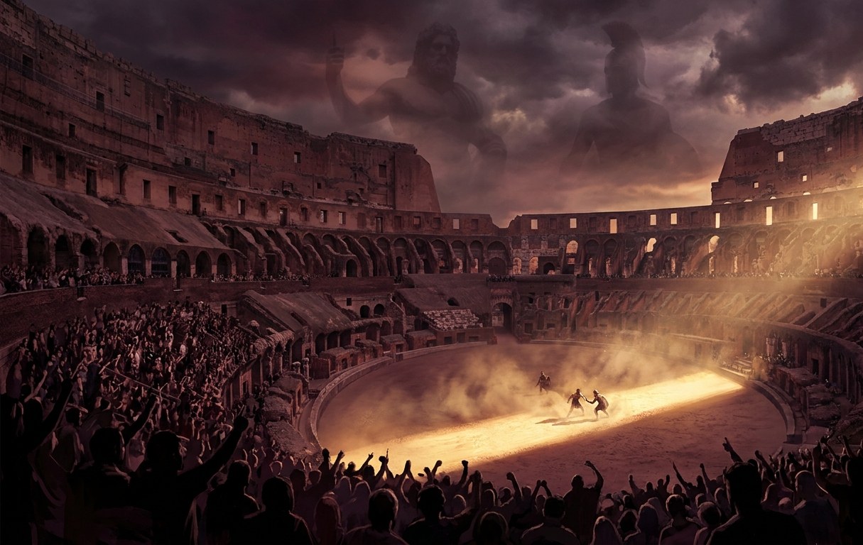 Ghostly divine figures watch over the Colosseum as gladiators fight below a packed crowd