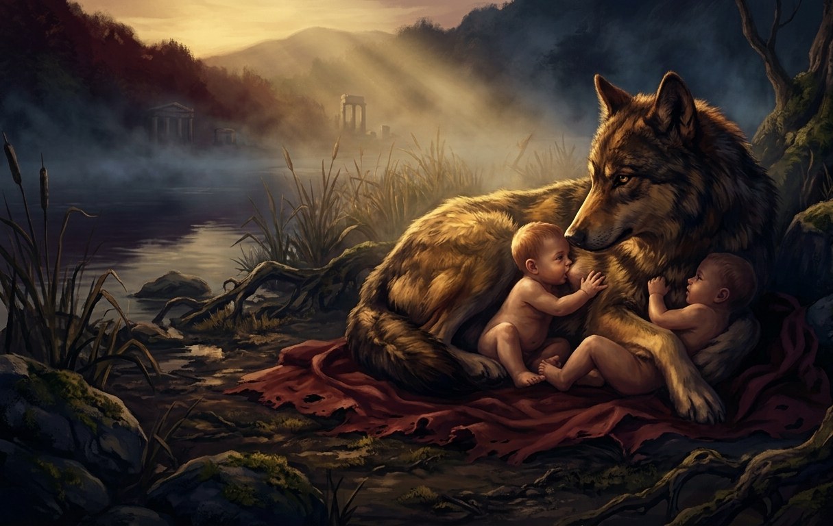 The she-wolf Lupa nursing the infant twins Romulus and Remus on the banks of the Tiber