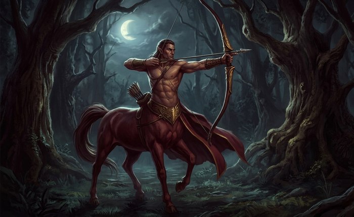 A centaur archer drawing a bow in a moonlit forest