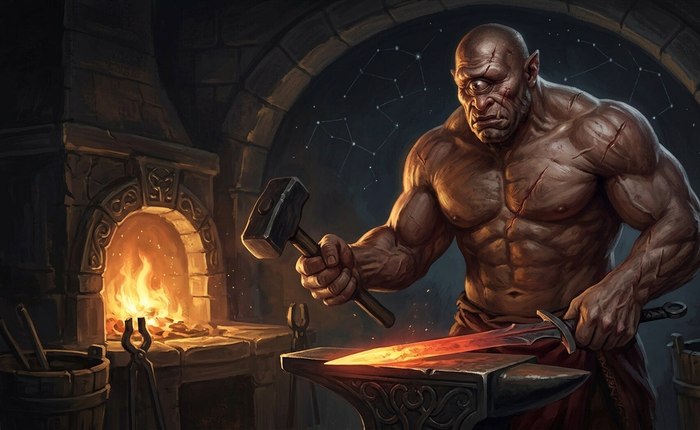 A one-eyed cyclops blacksmith working at a forge