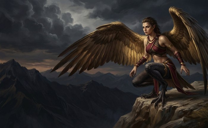 A harpy with a human face and taloned legs perched on a mountain cliff