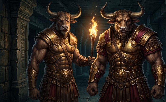 Two armored minotaur warriors in a stone corridor
