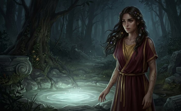 A nymph-blooded woman with vine markings beside a glowing forest spring